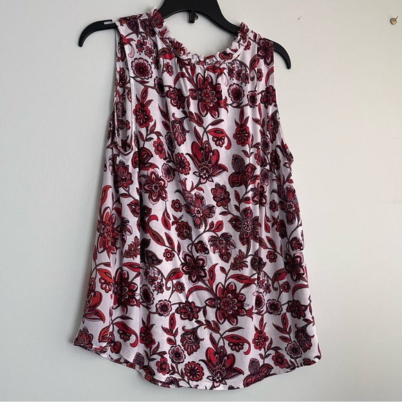 LOFT Sleeveless Floral Tie-Neck top with Orange and Brown Print - Picture 2 of 3